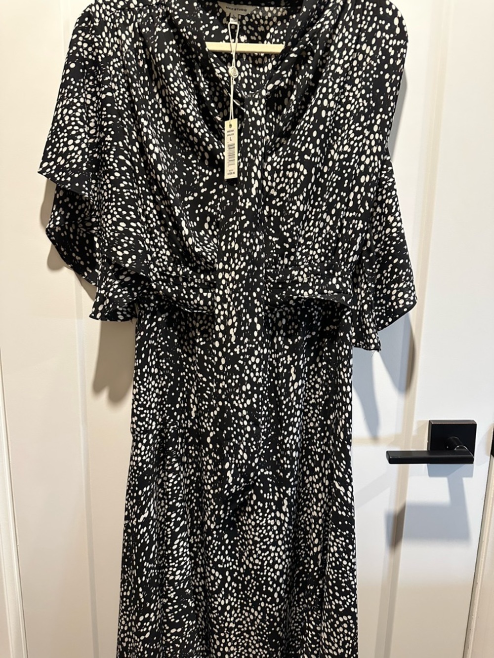 Max Studio Black and White Speckled Drape Neck Dress